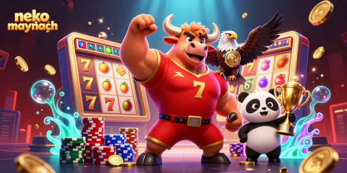 Neko may mắn brings excitement with a vibrant 3D casino illustration featuring a lucky bull, eagle, and panda celebrating big wins.