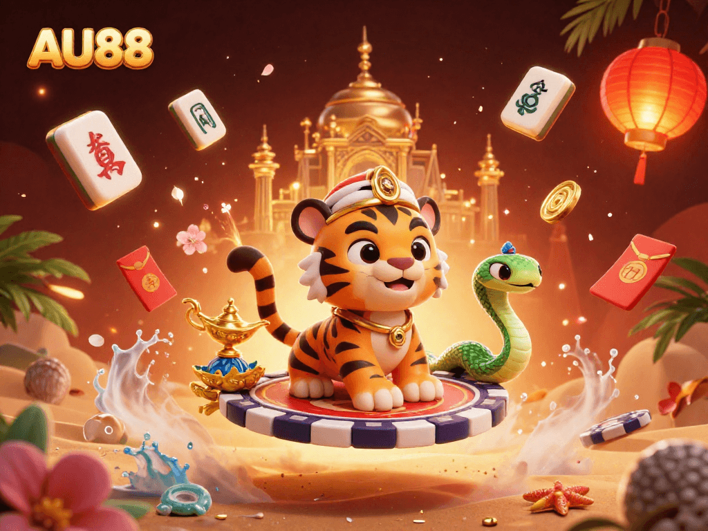 Experience the thrill with AU88's vibrant casino atmosphere featuring a sultan and magical companions!