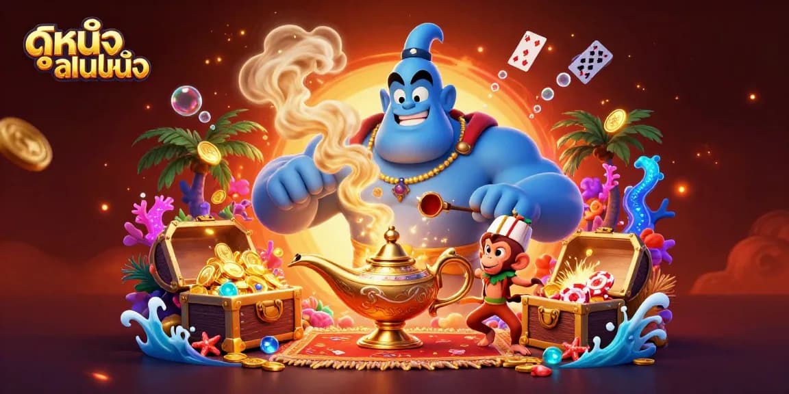 Experience ดูหนังออนไลน์ in a vibrant casino scene featuring a powerful genie and poker-themed elements.