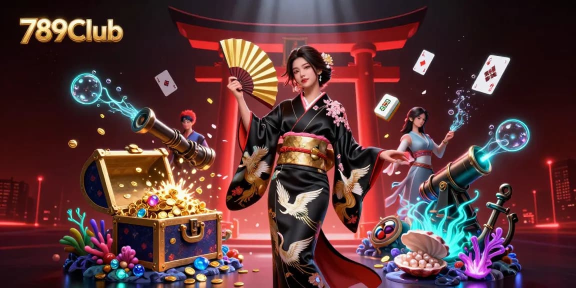 Engaging 789Club promotional scene showing a stylish Asian woman with a golden fan, surrounded by casino elements.