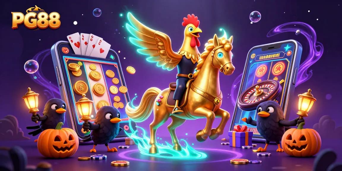 Engage in thrilling gameplay at PG88 with a golden rooster in a vibrant casino scene