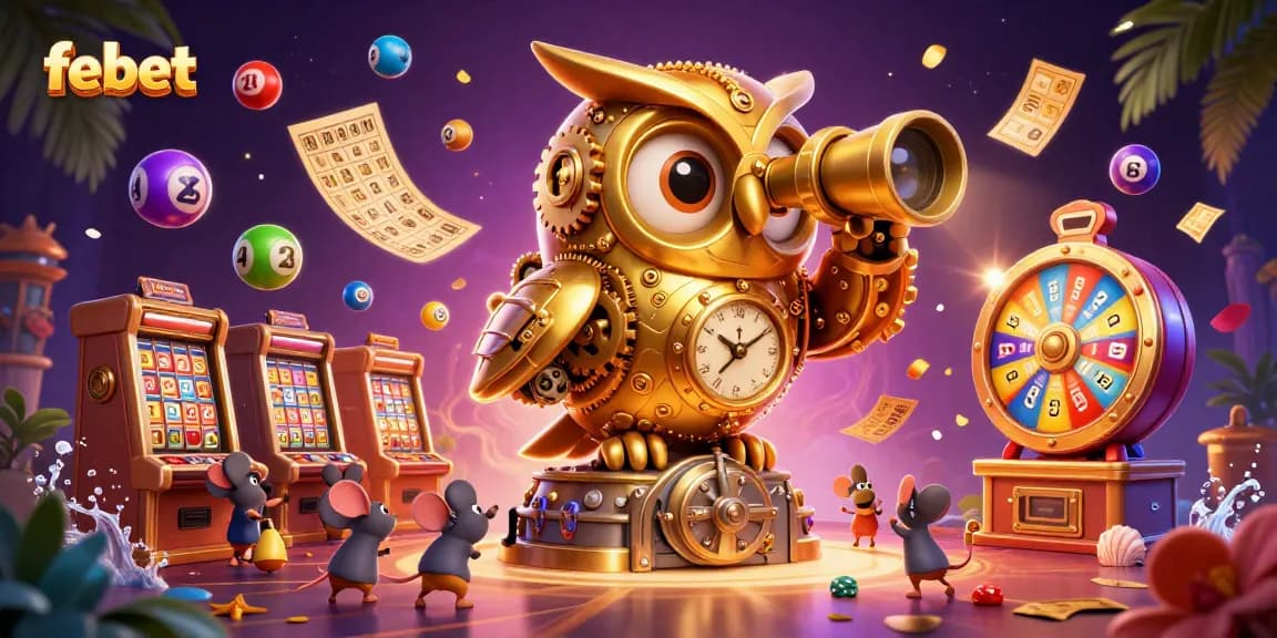 Win big with febet at a vibrant casino scene featuring dynamic characters and colorful game elements.