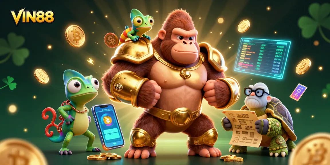Experience thrilling gameplay at VIN88 with a dynamic casino scene featuring vibrant 3D characters.