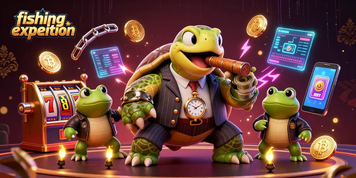 Fishing expedition with a turtle mobster and bullfrog enforcers amidst neon casino elements.