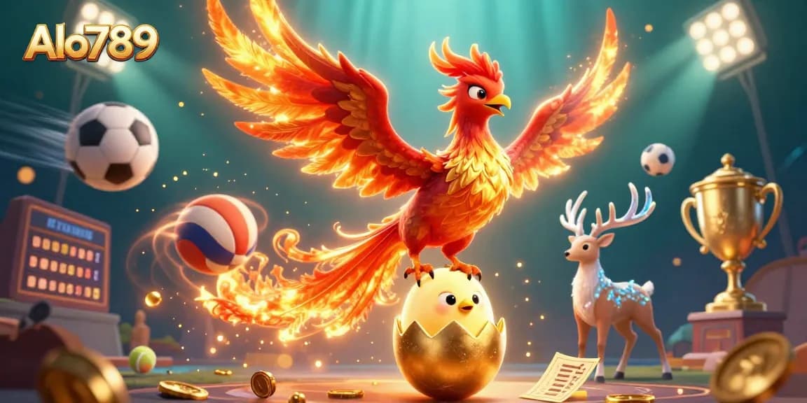 Alo789 enhances excitement with a dynamic scene featuring a fire phoenix and casino elements.