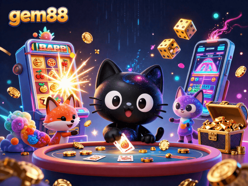 Experience the thrill of gem88 with a captivating cosmic casino scene featuring a galaxy cat and vibrant elements.