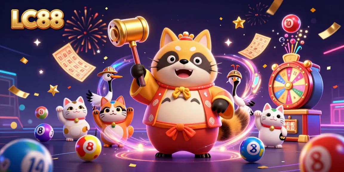 Experience the thrill of LC88 with a vibrant 3D illustration featuring lucky elements and festive characters