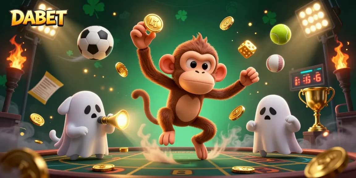 DABET enhances online gaming excitement with playful elements in a vibrant casino scene.