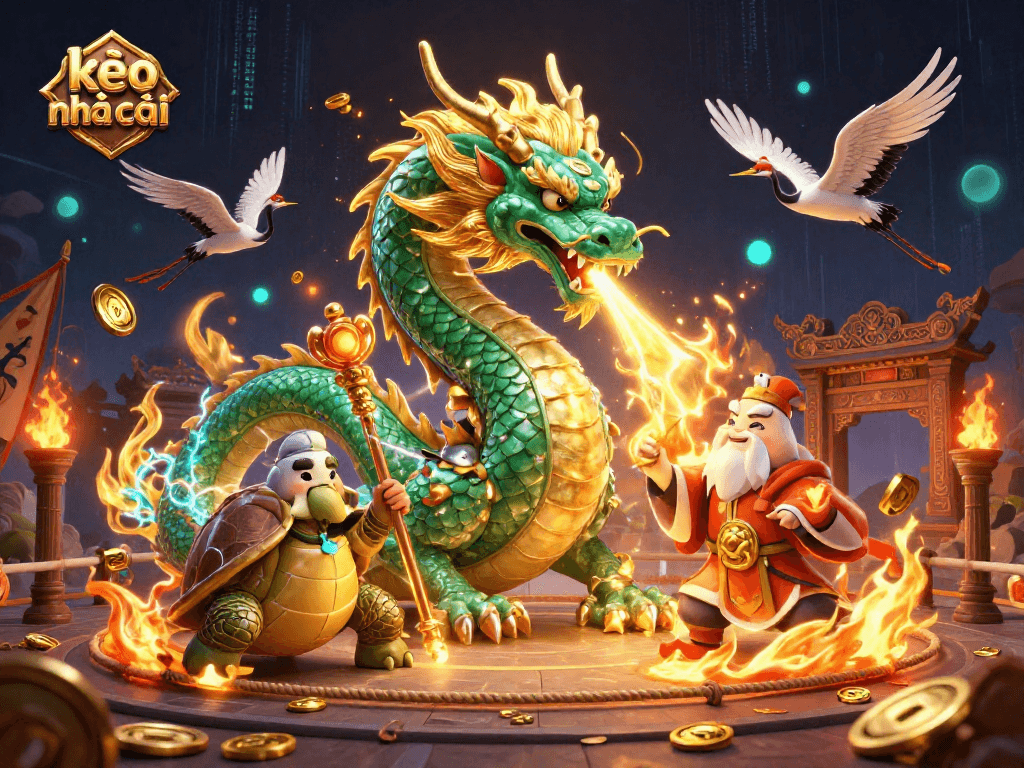 Immerse in the kèo nhà cái scene with a jade dragon and turtle sage amidst a vibrant casino arena.