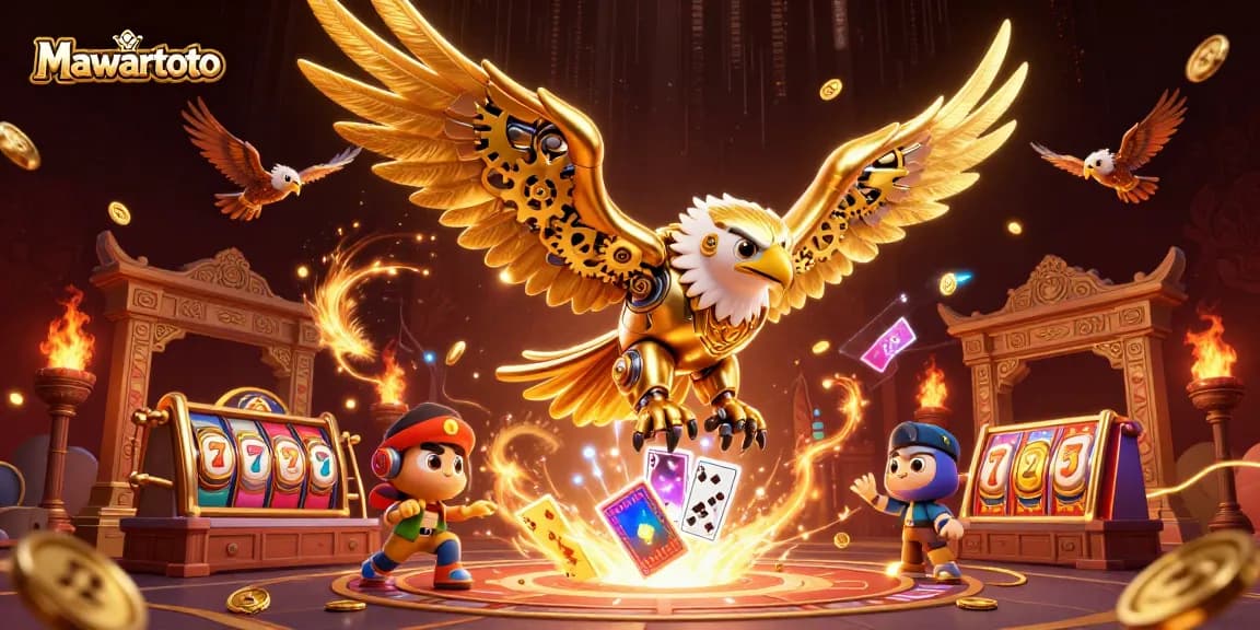 Mawartoto showcases a dynamic scene with a golden eagle amidst holographic playing cards in a thrilling casino backdrop.