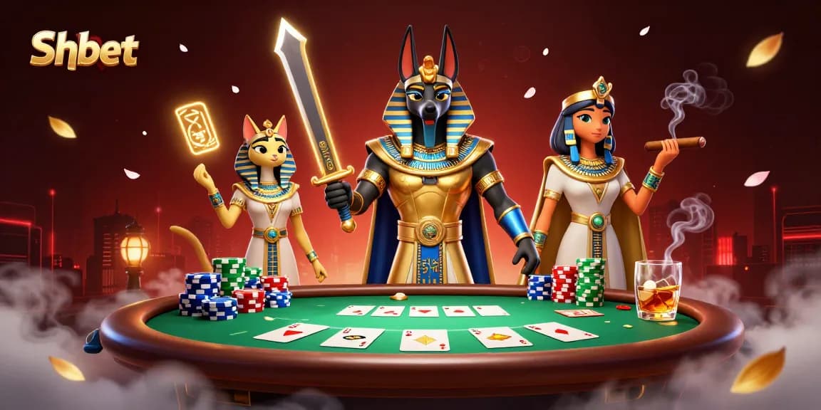 Experience thrilling gameplay with Shbet in an vibrant casino scene featuring Anubis and Bastet.