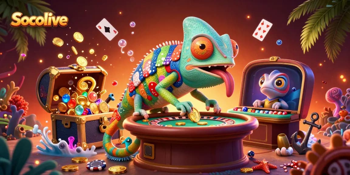 Socolive enhances your gaming escapade with a vibrant scene of a chameleon casino owner snapping golden coins amidst colorful gaming elements.