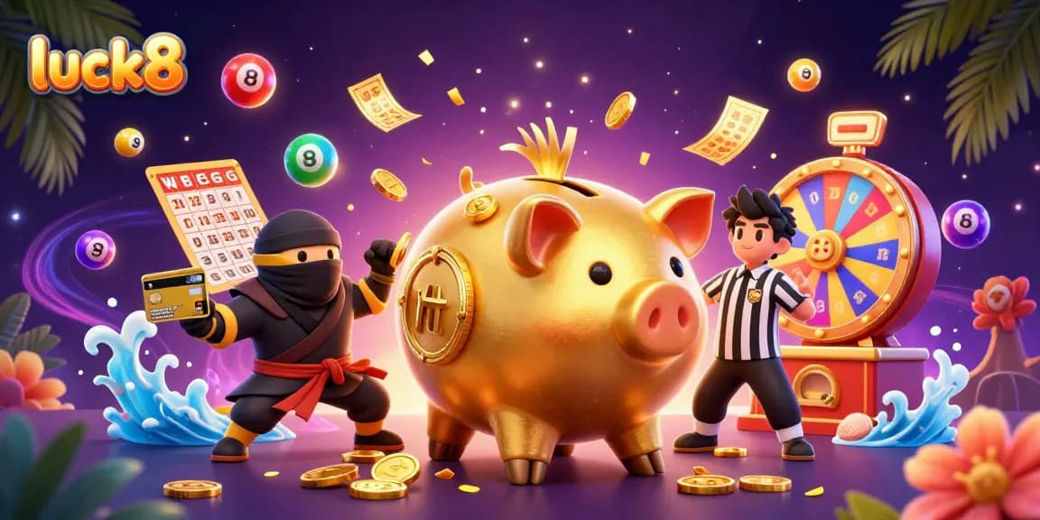 Experience luck8's gaming excitement with a dynamic 3D illustration featuring vibrant casino elements.