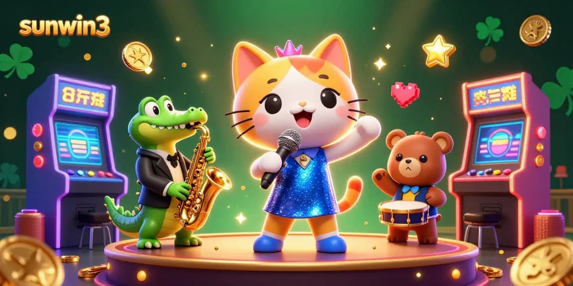 Engage in vibrant gambling with the sunwin3 jazz-singer cat and friends at a lively casino stage.