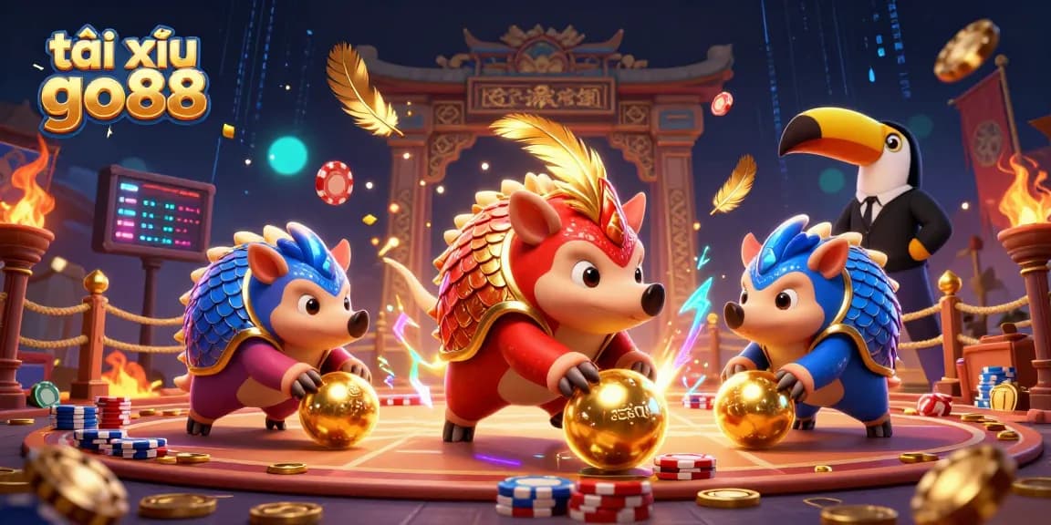 Tài xỉu go88 action illustrated with rival pangolins competing amidst poker chips and casino elements.