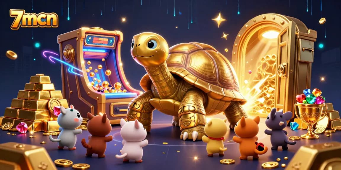 Experience the thrill of 7mcn gaming with a golden tortoise, treasure, and vibrant casino elements.