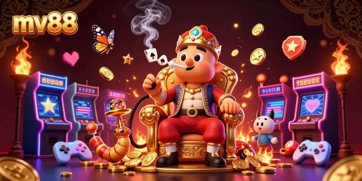 Experience the excitement of casino games with mv88's vibrant 3D illustration featuring dynamic gambling elements.