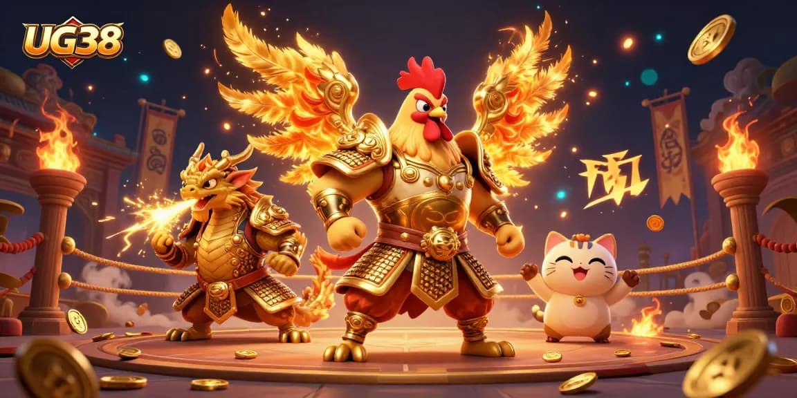 Join the excitement of UG38 as a cartoon rooster warrior battles in a dynamic casino arena, surrounded by gold coins and ignited sparks.