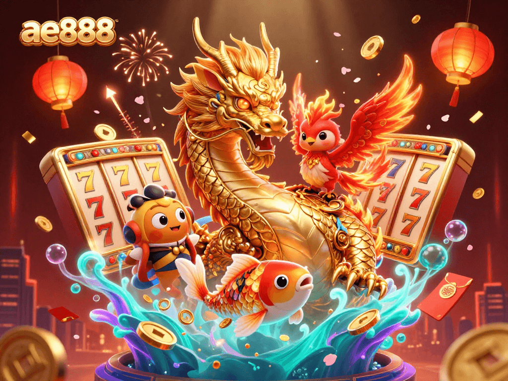 Experience thrilling gaming with ae888's vivid dragon and phoenix in a spectacular casino scene.
