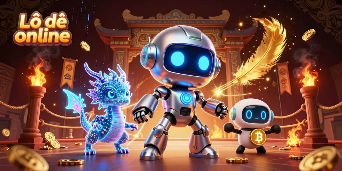 Lô đề online illustration showcasing a cyberpunk robot and dragon in a dynamic casino scene with vibrant energy.