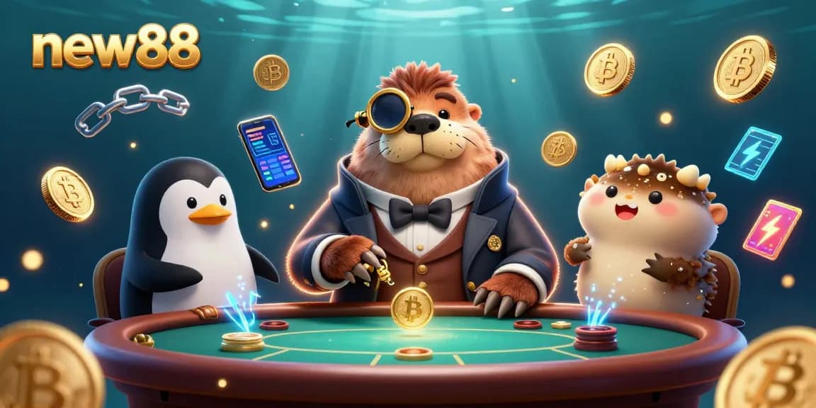 Engage in thrilling poker action with new88 at an underwater casino scene featuring unique critter characters.