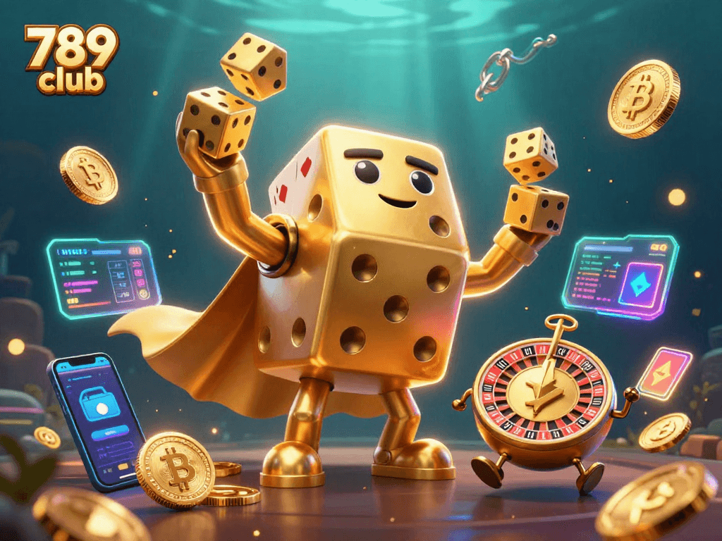Engage with 789 club through a vibrant 3D illustration showcasing dynamic casino elements and characters.