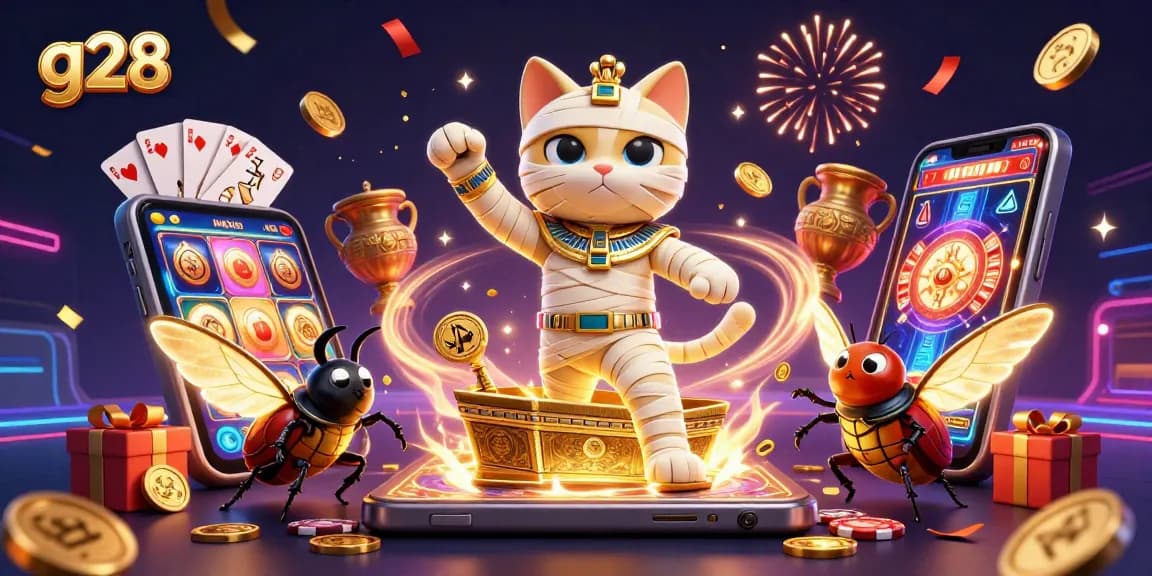 Engage with g28's vibrant casino scene featuring a mummy cat and scarab in an exciting slot game atmosphere.