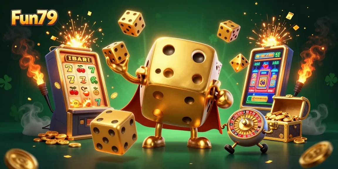 Engage with Fun79's exciting casino world featuring vibrant golden dice and jackpot elements.