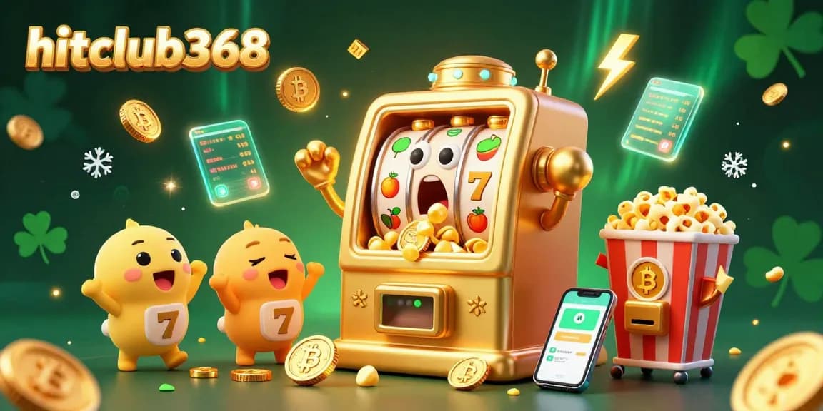 Hitclub368 slots celebrate a jackpot with vibrant coins and crypto-themed elements, showcasing casino excitement.