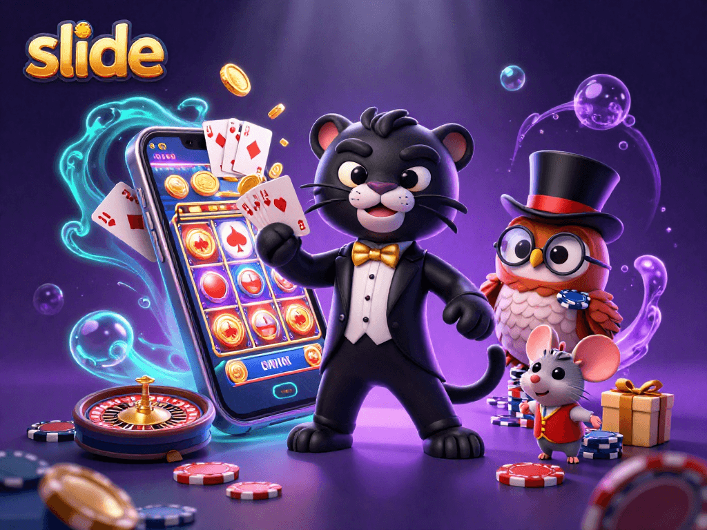 Experience excitement playing slide as the panther deals cards amidst vibrant casino elements.