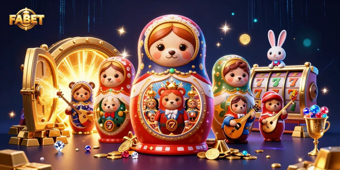 Experience FABET's thrilling slots with animated Matryoshka bears and casino elements in captivating illustration.