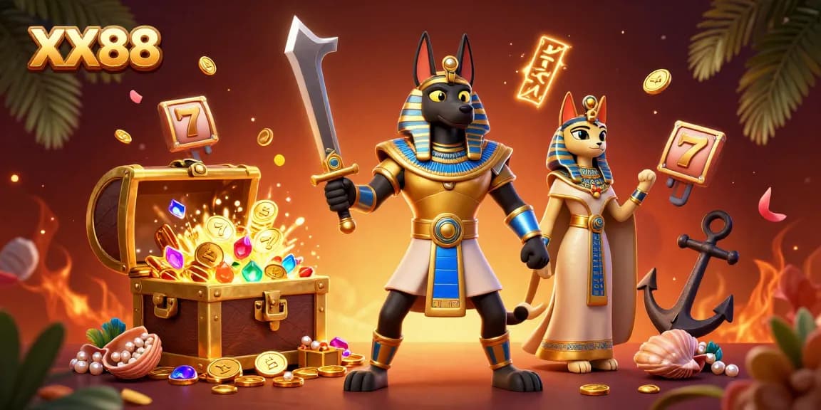 Engage with the thrilling world of XX88 through a vibrant illustrated scene showcasing an Egyptian warrior and exciting casino elements.