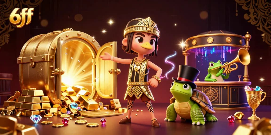 Experience thrilling gaming with 6ff's vibrant casino atmosphere featuring treasure and characters.