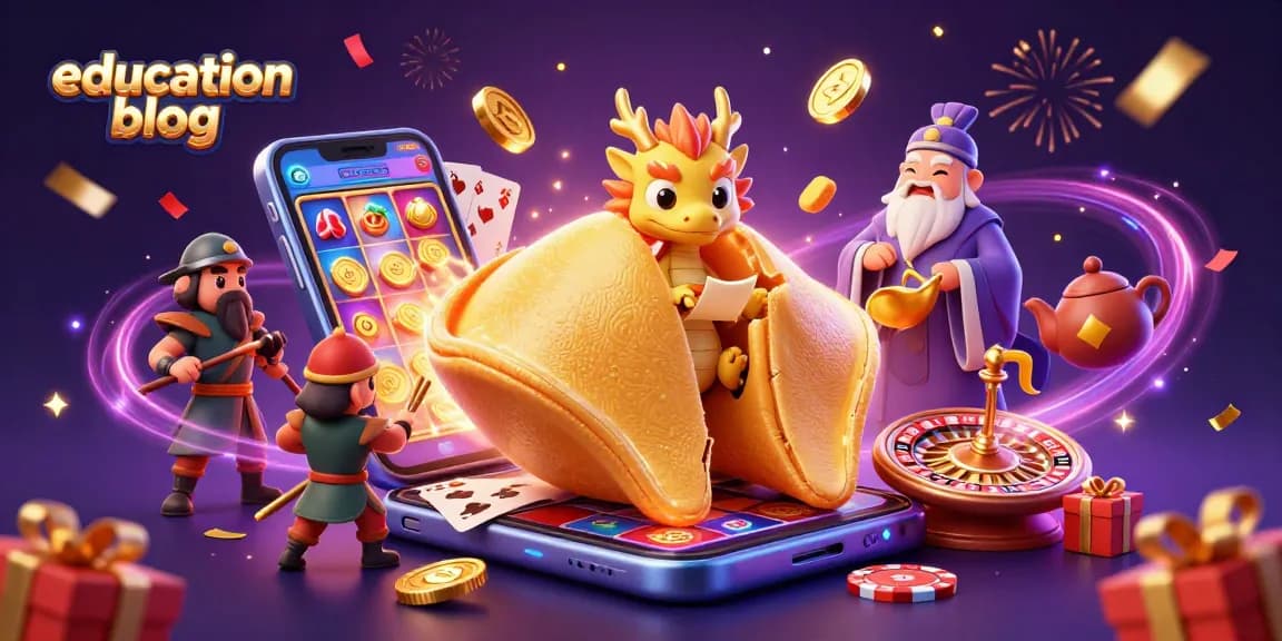 An engaging scene from an education blog with a wise dragon and fortune cookie, showcasing dynamic casino elements and vibrant celebrations.