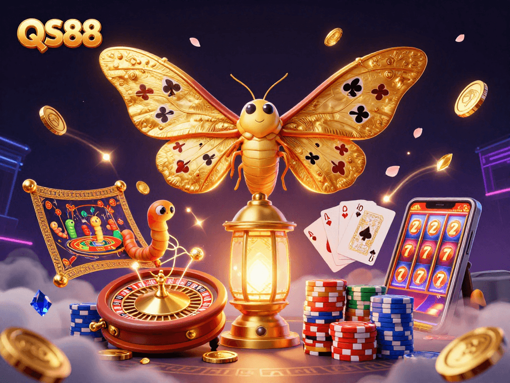 Experience QS88 casino excitement with golden moths and vibrant game elements.