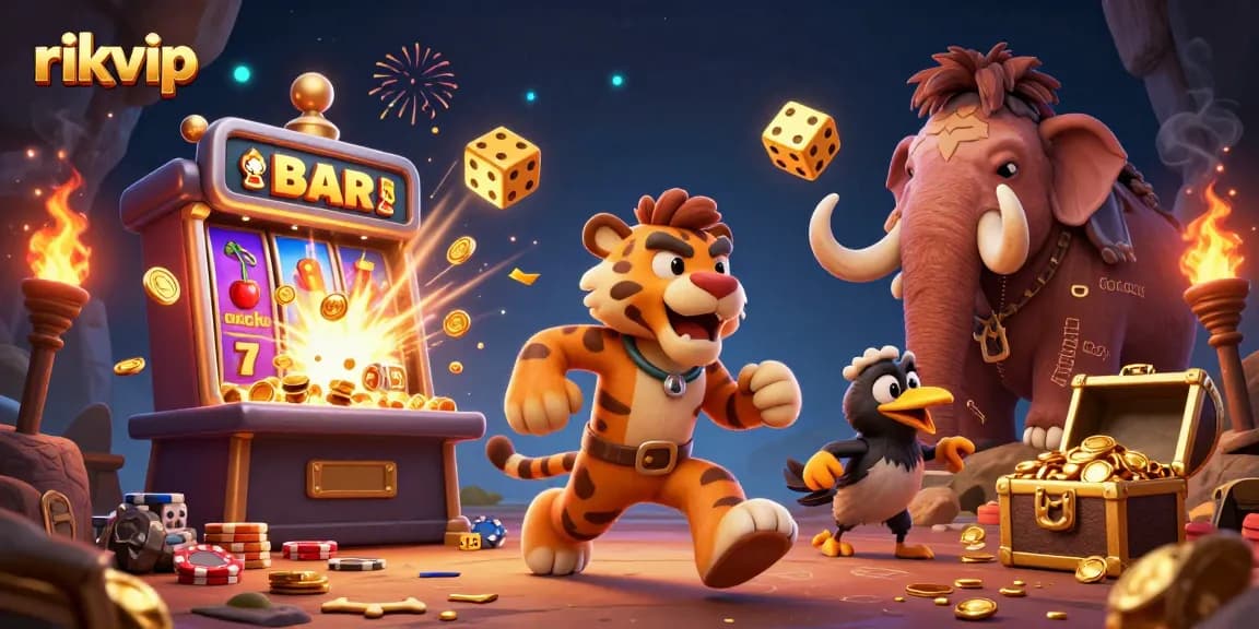 rikvip casino illustration showing a lively 3D caveman and sabertooth tiger duo with vibrant gaming elements