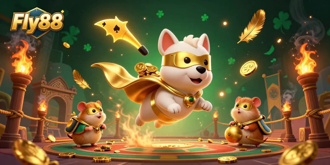 Fly88 superhero dog collects coins amid a vibrant casino atmosphere.