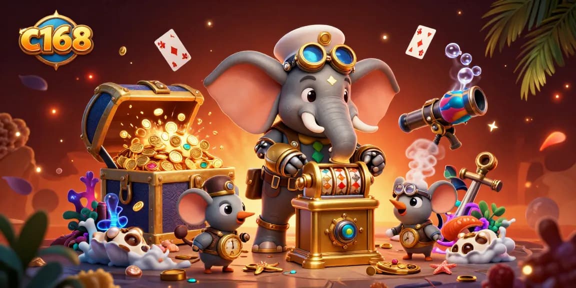 C168 offers thrilling gaming experiences with a lively illustration showcasing a steampunk elephant and dynamic slot elements.