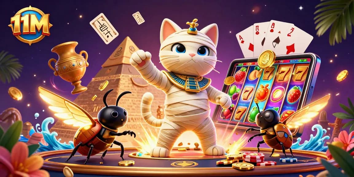 Play 11M in a vibrant pyramid casino with a mummy cat and scarab beetle amid dynamic slot game action.