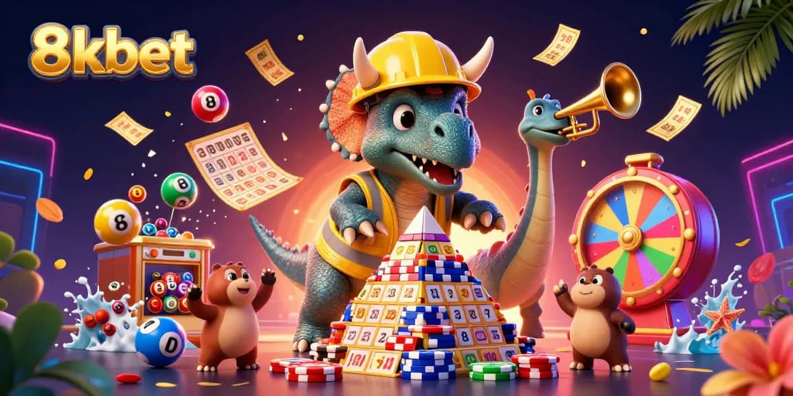 Win big at 8kbet with vibrant casino excitement, featuring a triceratops and themed elements.