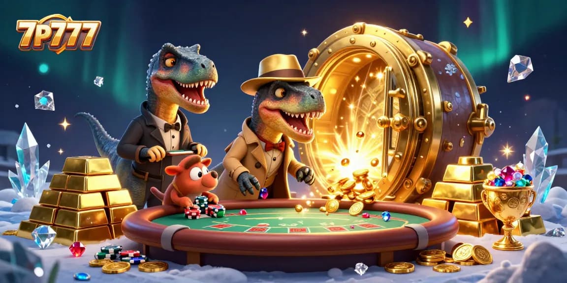Experience thrilling 7P777 casino action with a velociraptor card counter and treasure.