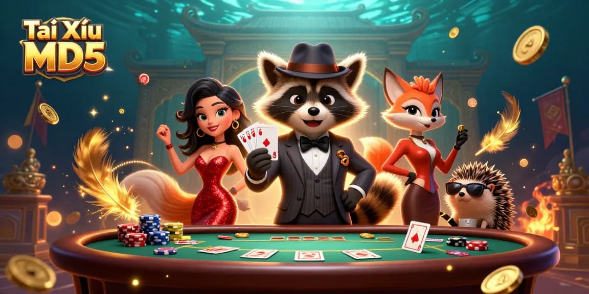 Experience high-stakes action with Tài Xỉu MD5 at a vibrant poker table featuring charming 3D characters.
