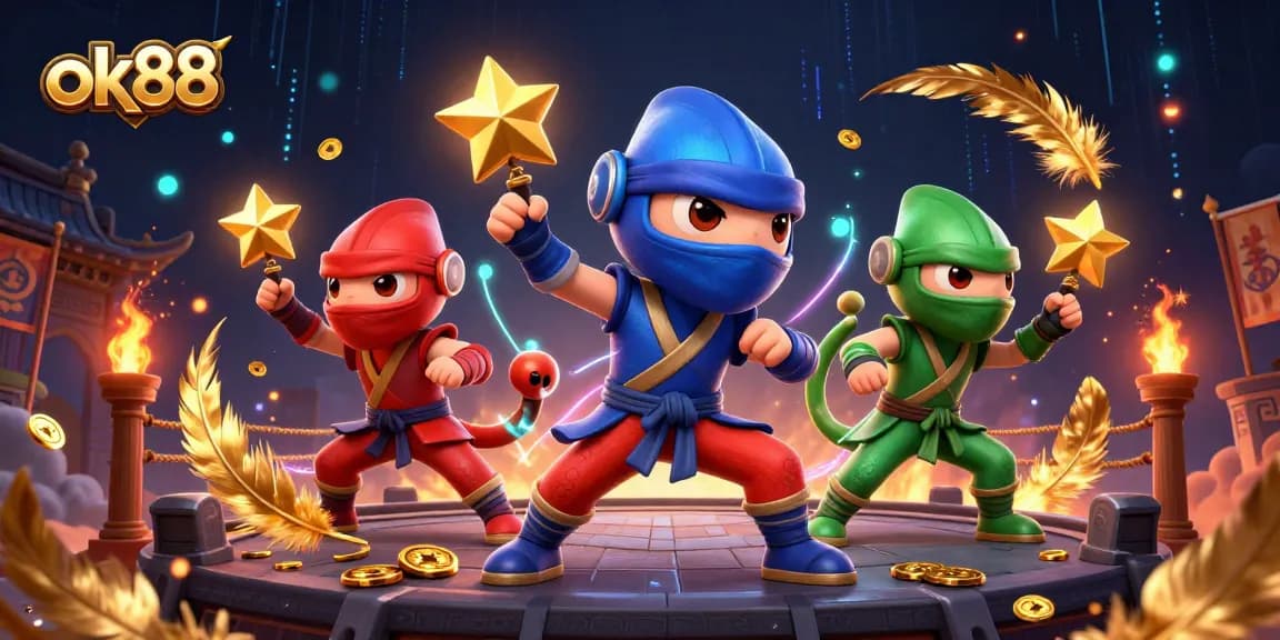 Engage with stunning ok88 action featuring chameleon ninjas in a vibrant casino battle.