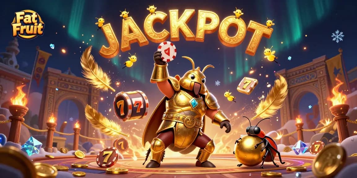 Play slots at Fat Fruit while enjoying an exciting jackpot scene with vibrant characters and gold tokens.
