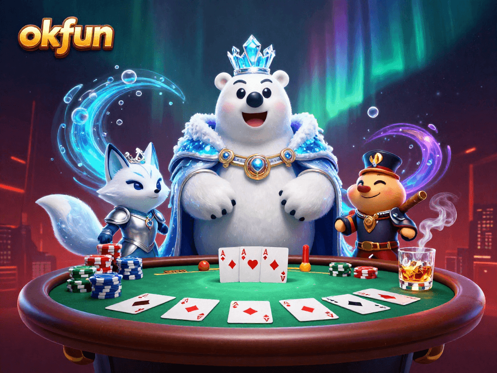 Experience the thrill of gambling at okfun with a vivid poker scene featuring dynamic characters.