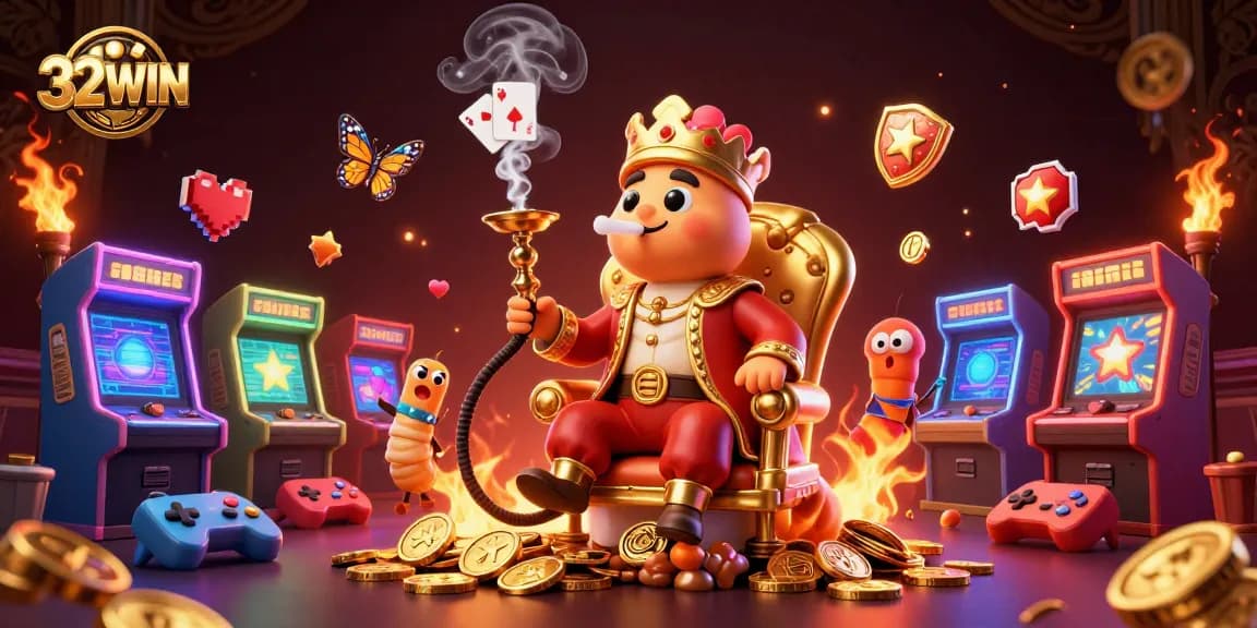 32WIN's vibrant casino scene, featuring game machines and a sultan caterpillar, showcasing dynamic gaming action.