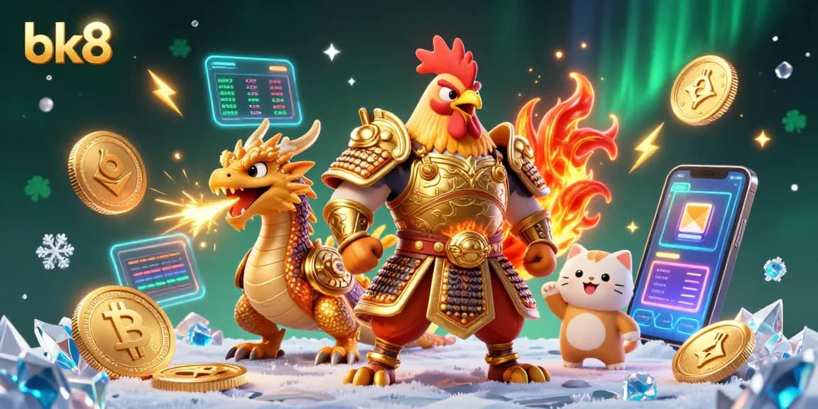 Engage with bk8's dynamic casino scene featuring a rooster warrior and dragon, celebrating crypto wins.