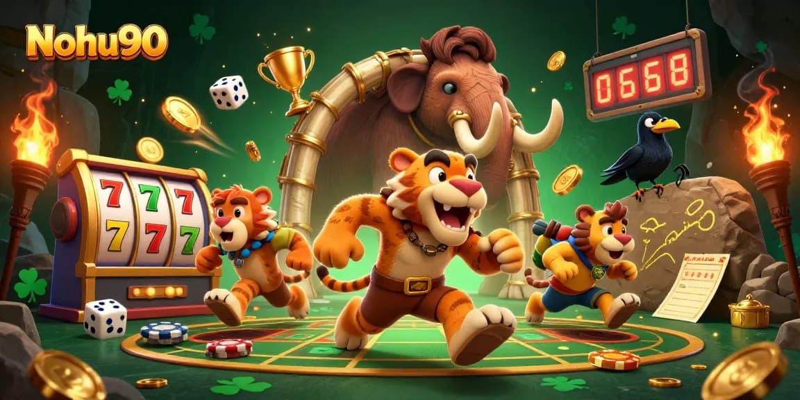Nohu90 showcases a vibrant casino scene featuring a caveman and sabertooth tiger amid spinning slot reels and golden coins.