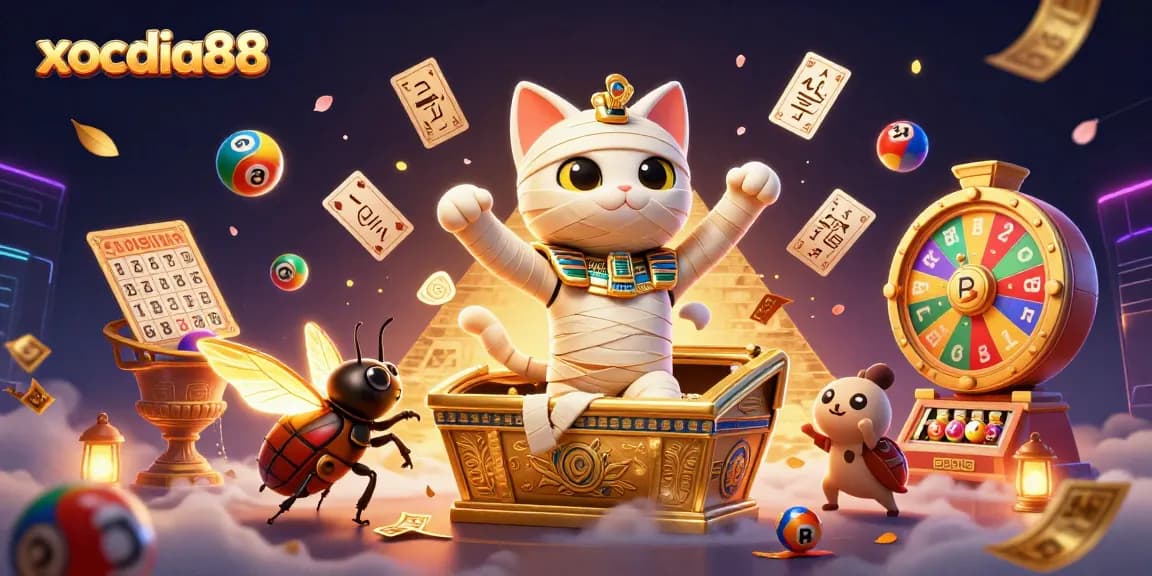 Xocdia88 offers exciting gameplay with a vibrant illustrated scene featuring a mummy cat casino adventure.