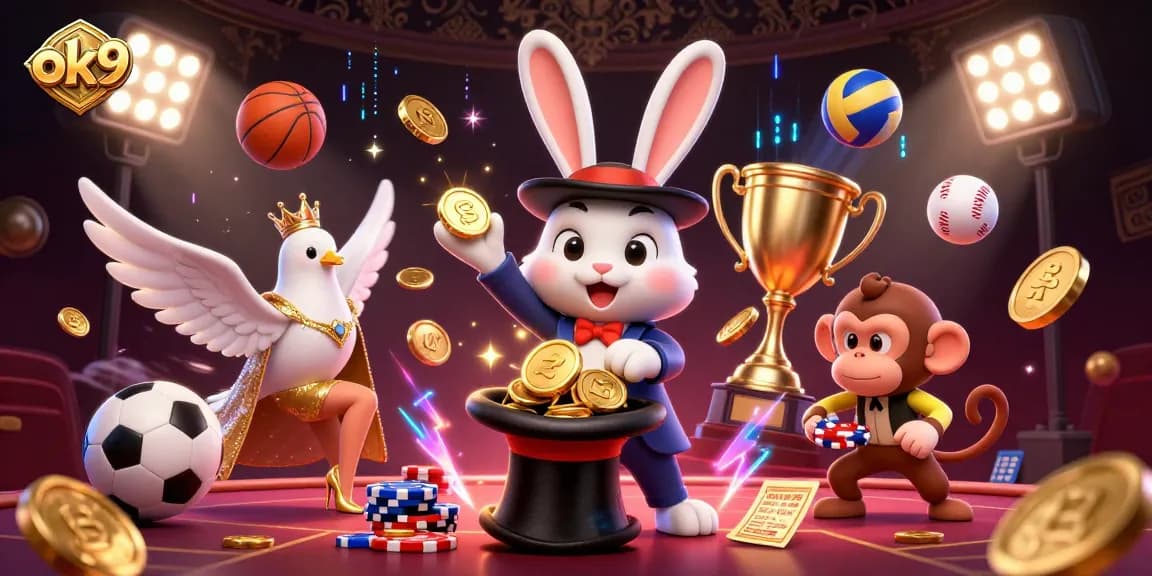 Engage with the thrilling casino world at ok9, where a whimsical rabbit and dove celebrate with golden coins and poker chips.